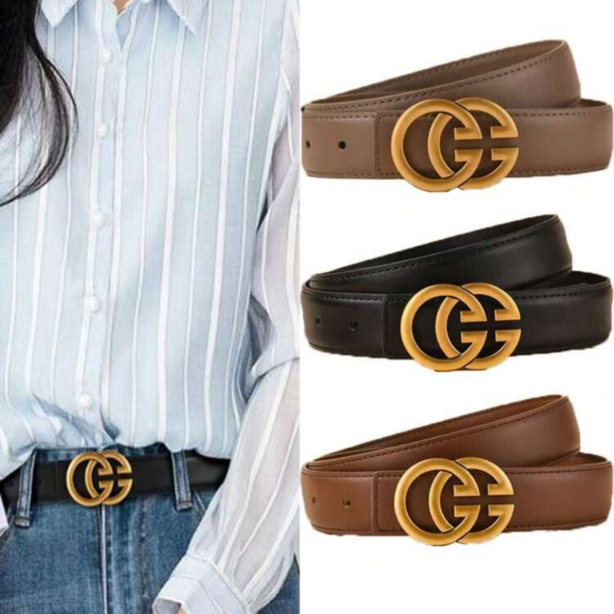 WWB - Woman G-Letter Leather Waist Belt [110cm] - Youglow